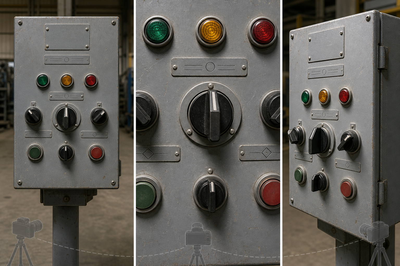 Three-view photography setup for documenting an equipment control panel