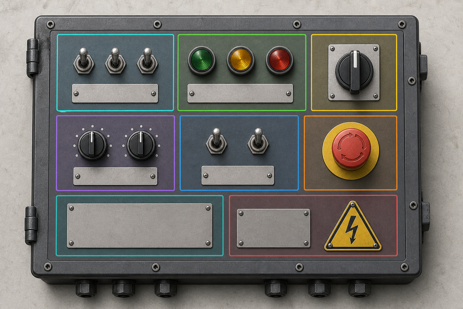 Control panel divided into practical OCR zones around switches and labels