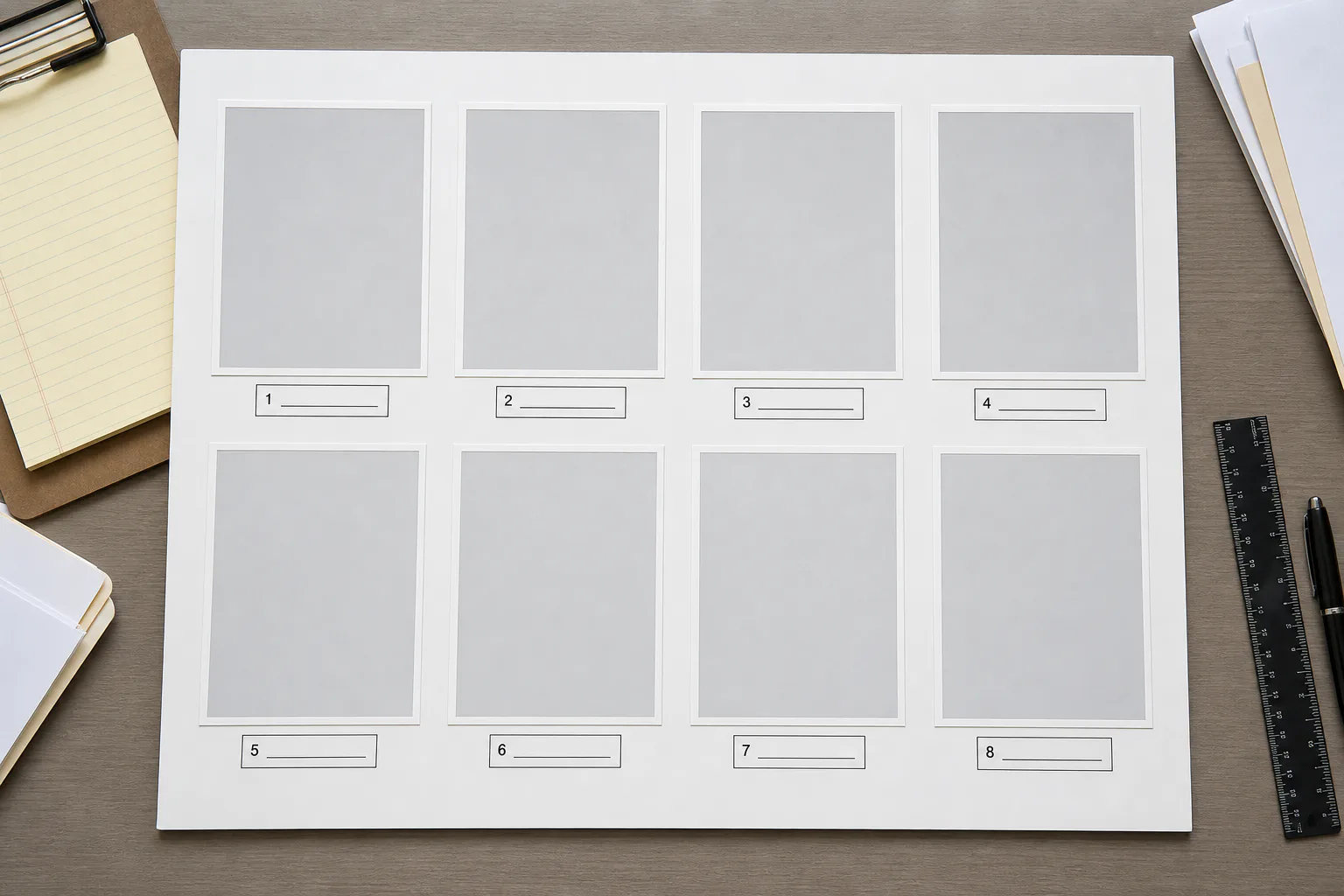 A clean grid of evidence photo placeholders with consistent margins and numbered labels
