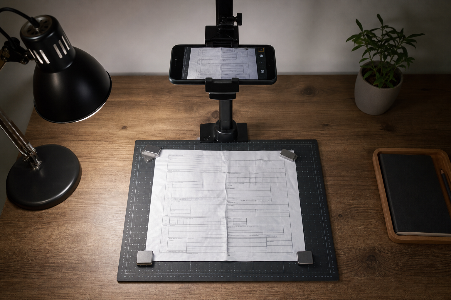 Overhead desk capture setup with a phone aligned above a creased paper form and side lighting