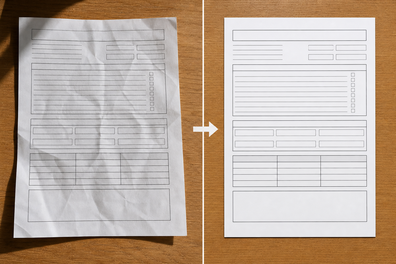 Before and after view of a wrinkled document photo cleaned for OCR