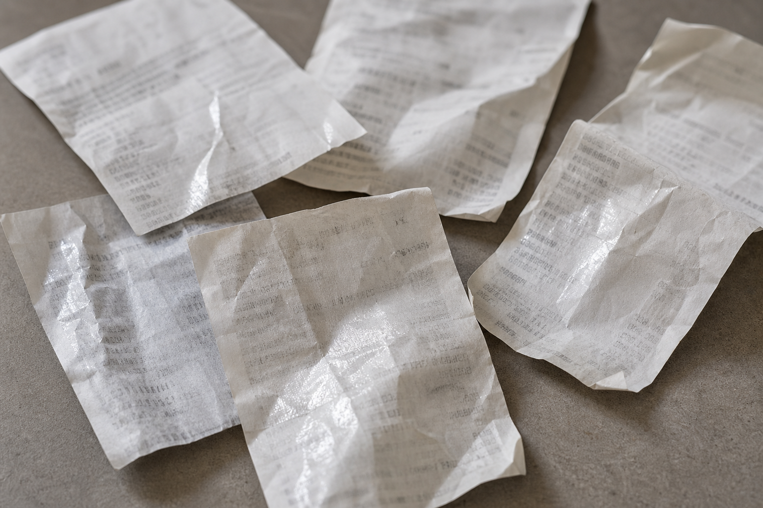 Crinkled thermal receipts showing glare, folds, shadows, and faded ink before cleanup
