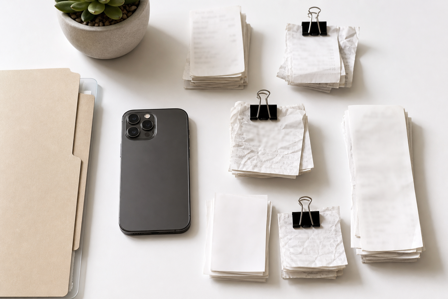 Organized expense receipt capture station with phone, receipts, binder clips, and soft lighting