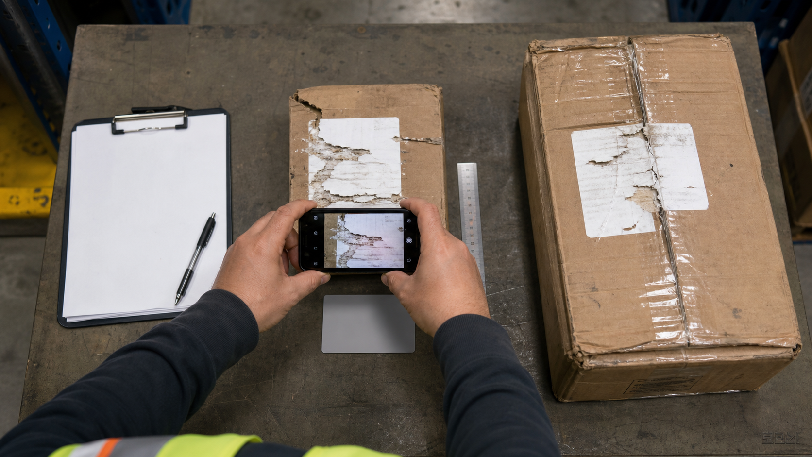 Overhead view of a damaged shipping label being photographed with reference shots for warehouse records