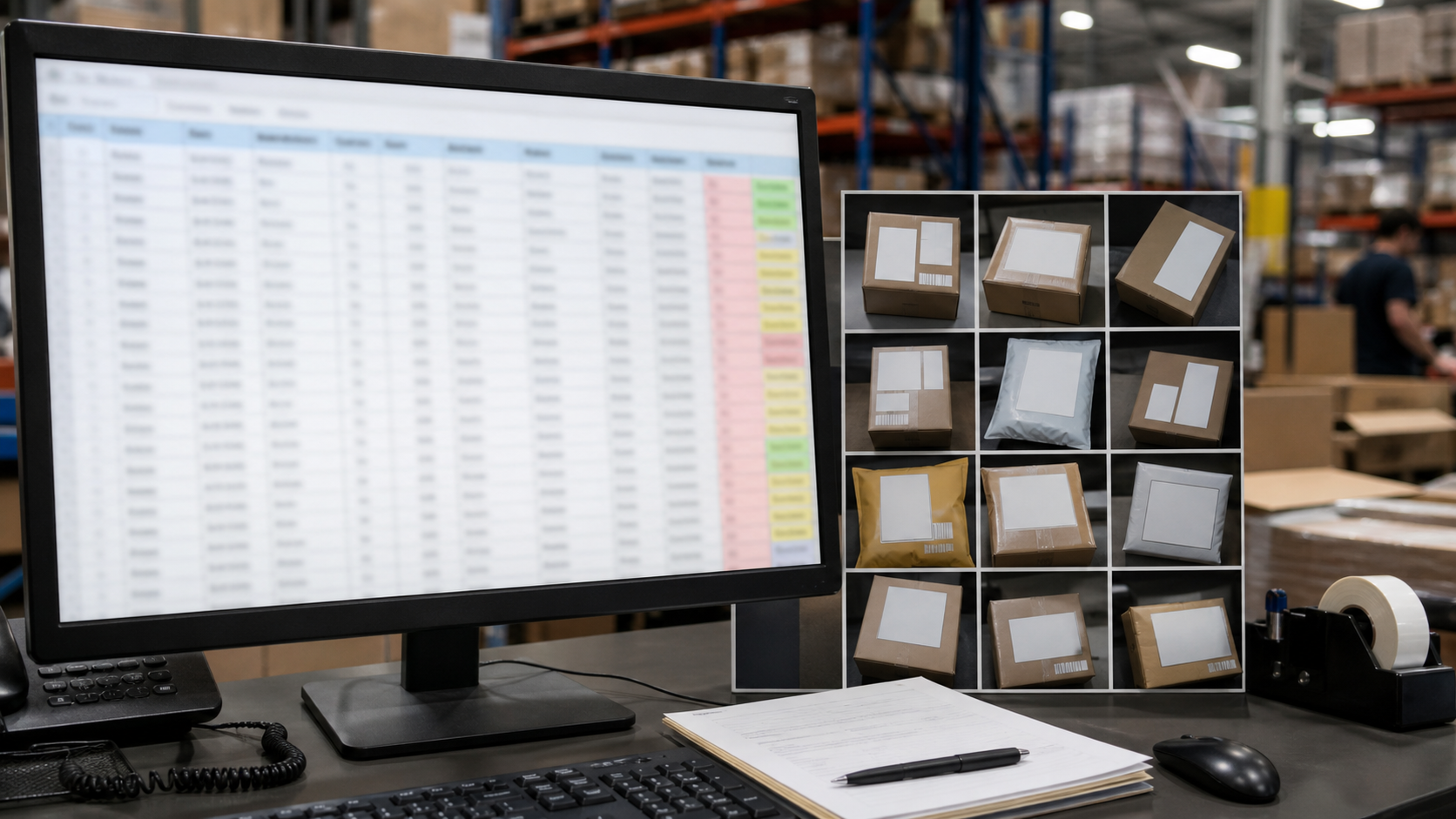 Warehouse exception log screen beside cleaned label images and parcel photos