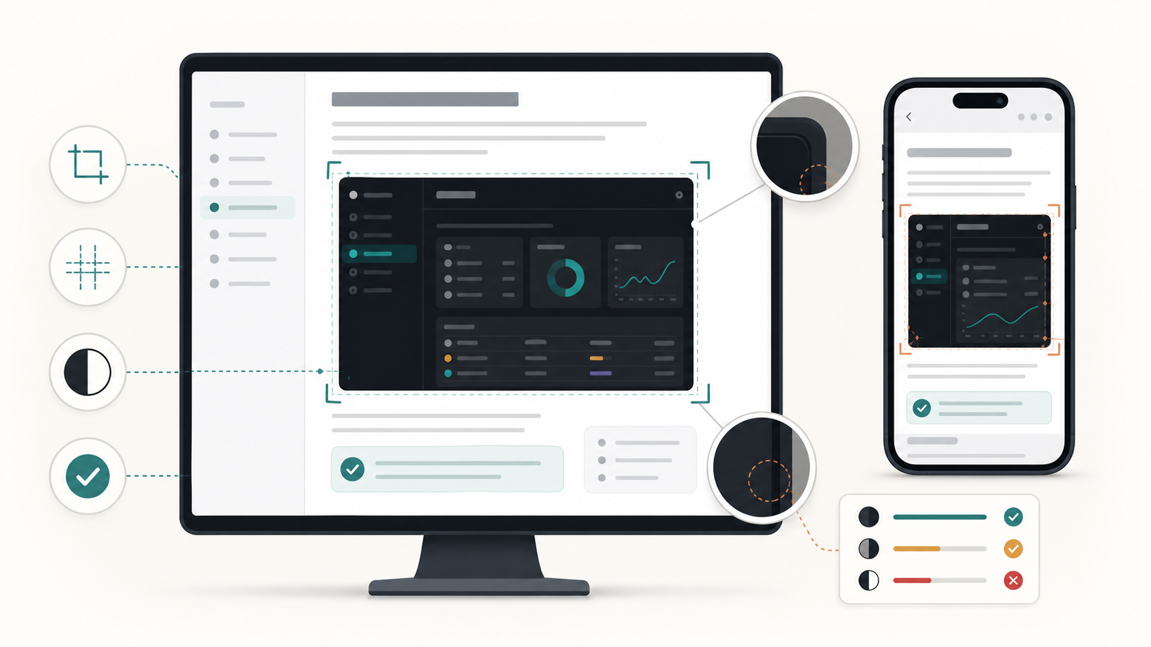 Comparison scene showing dark interface screenshots on desktop and mobile documentation pages
