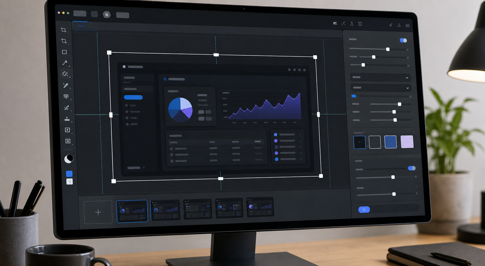 Image editing workspace with crop handles, compression controls, and export format options for app screenshots