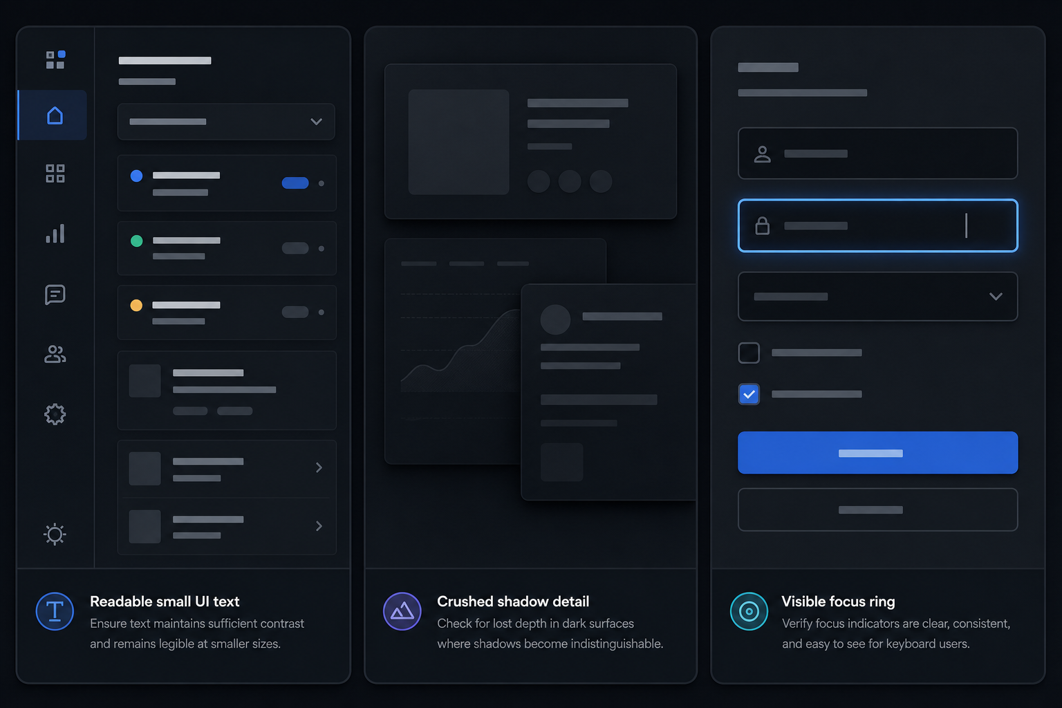 Comparison of dark interface screenshot details including low contrast text, crushed shadows, and visible focus rings