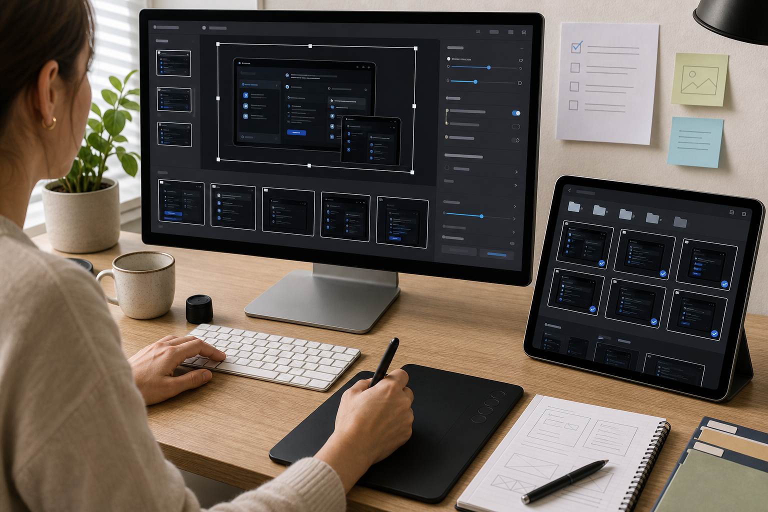 Help center image export checklist scene with resized screenshots, compression controls, and final preview thumbnails