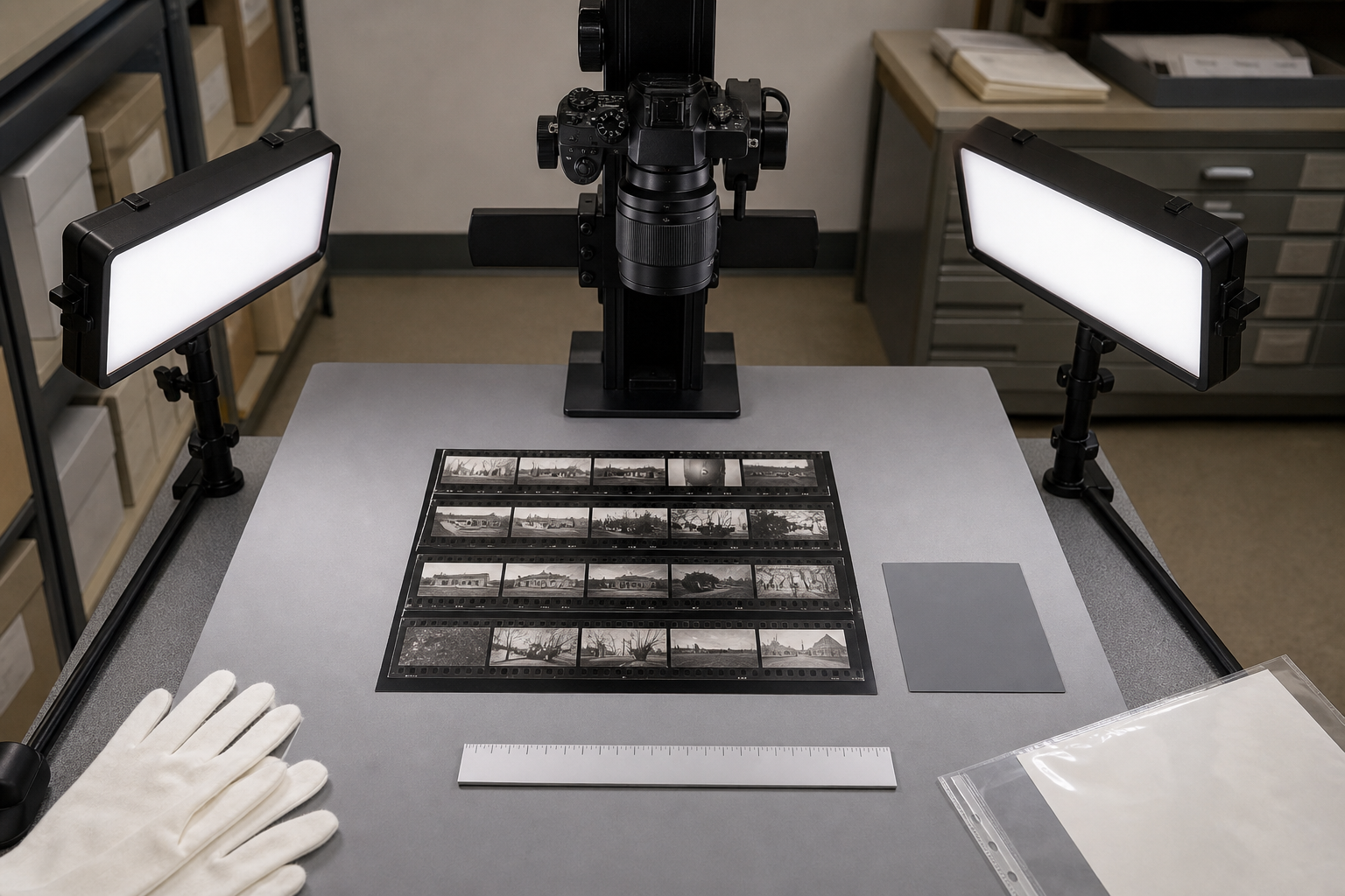 Overhead camera setup photographing a darkroom contact sheet with two diffused lights and a gray reference card