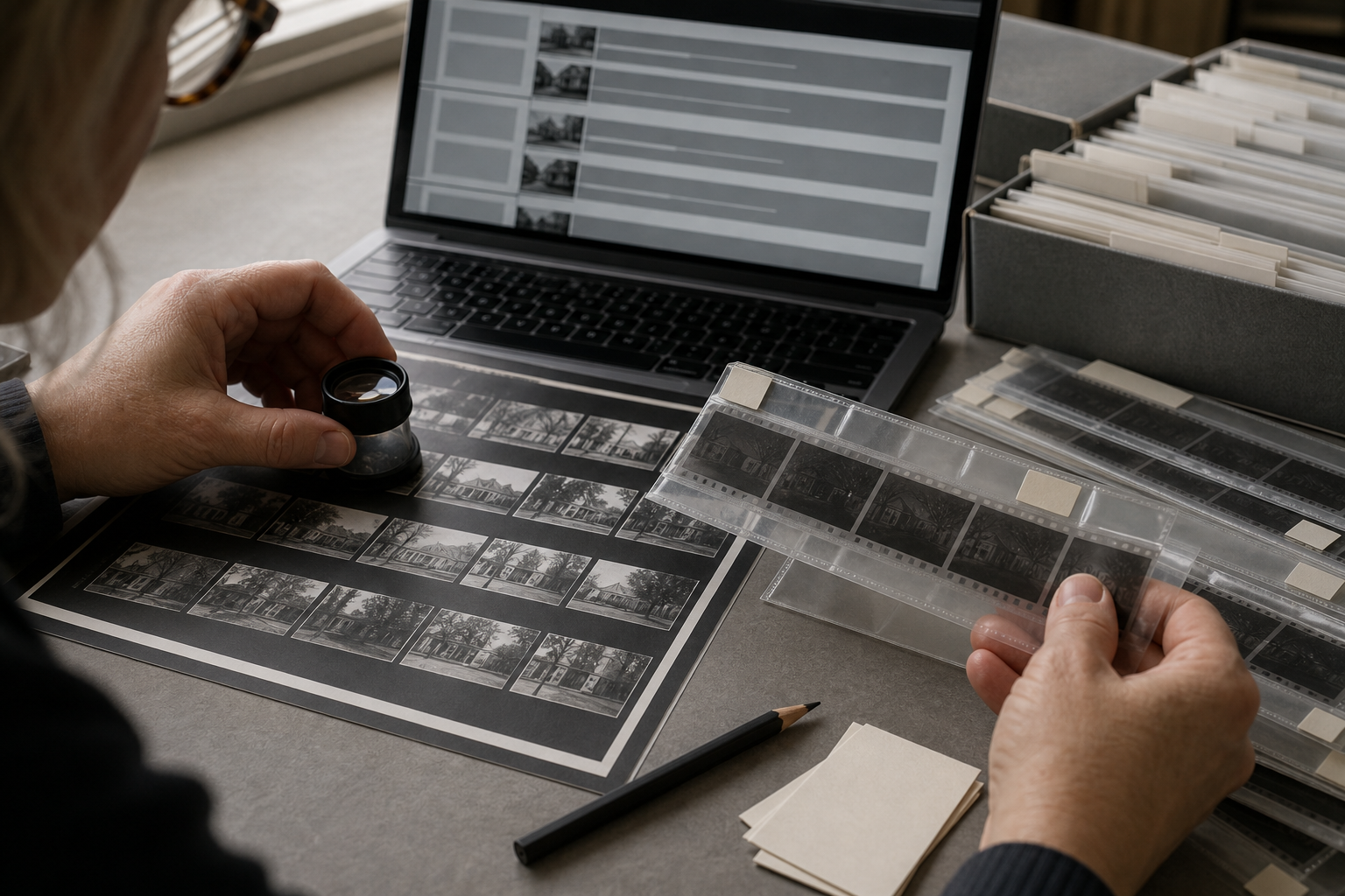 Archivist comparing a digitized contact sheet with numbered negative sleeves and a structured catalog record