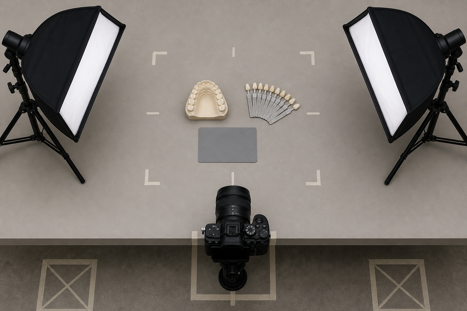 Camera, diffused lights, gray reference card, and dental shade tabs arranged for consistent close-up photography