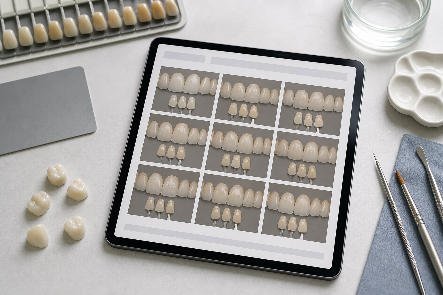 Organized dental lab case sheet represented by a tablet displaying several consistently framed tooth and shade-tab photographs