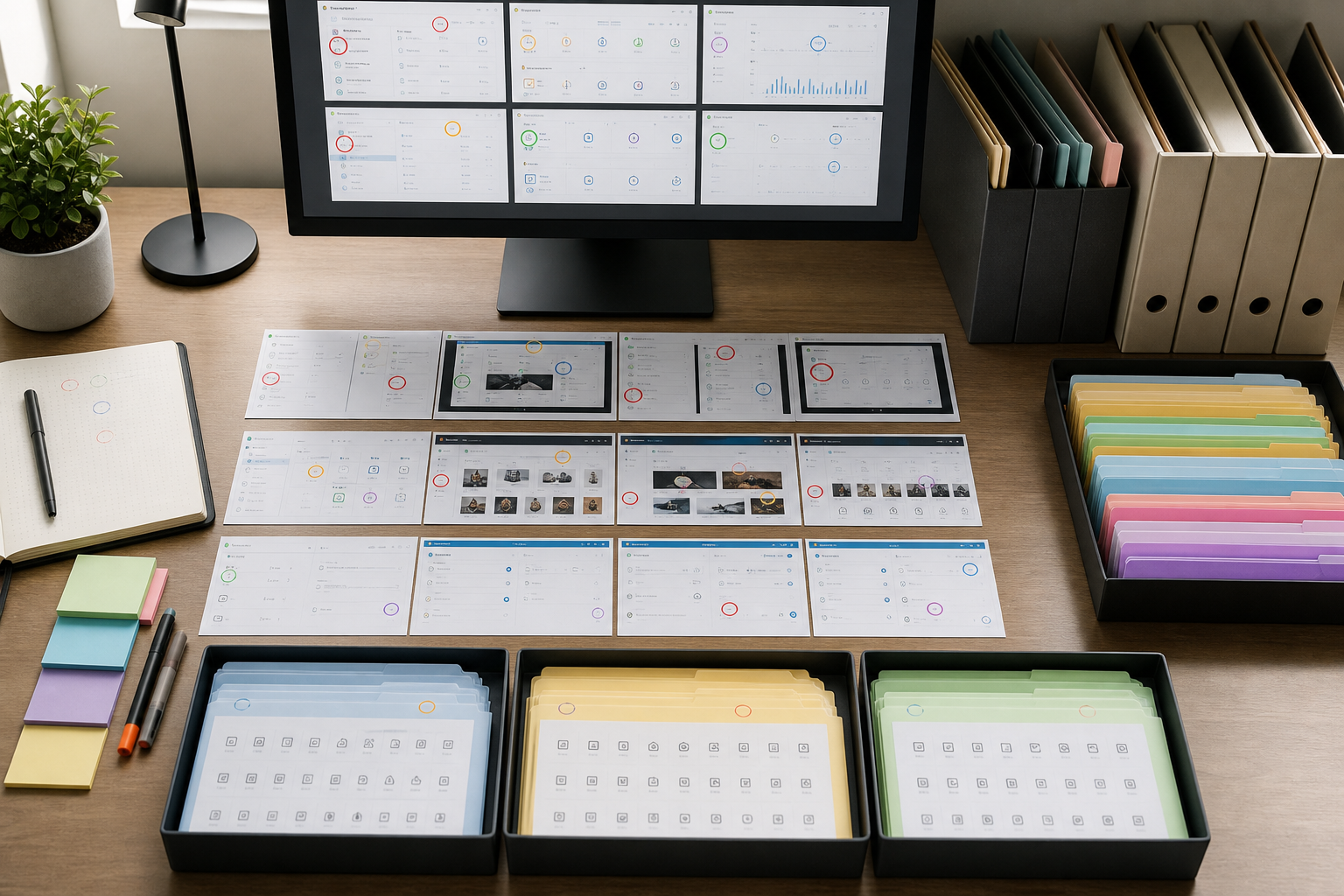 A structured desktop workspace showing UI screenshots grouped by product area before icon extraction