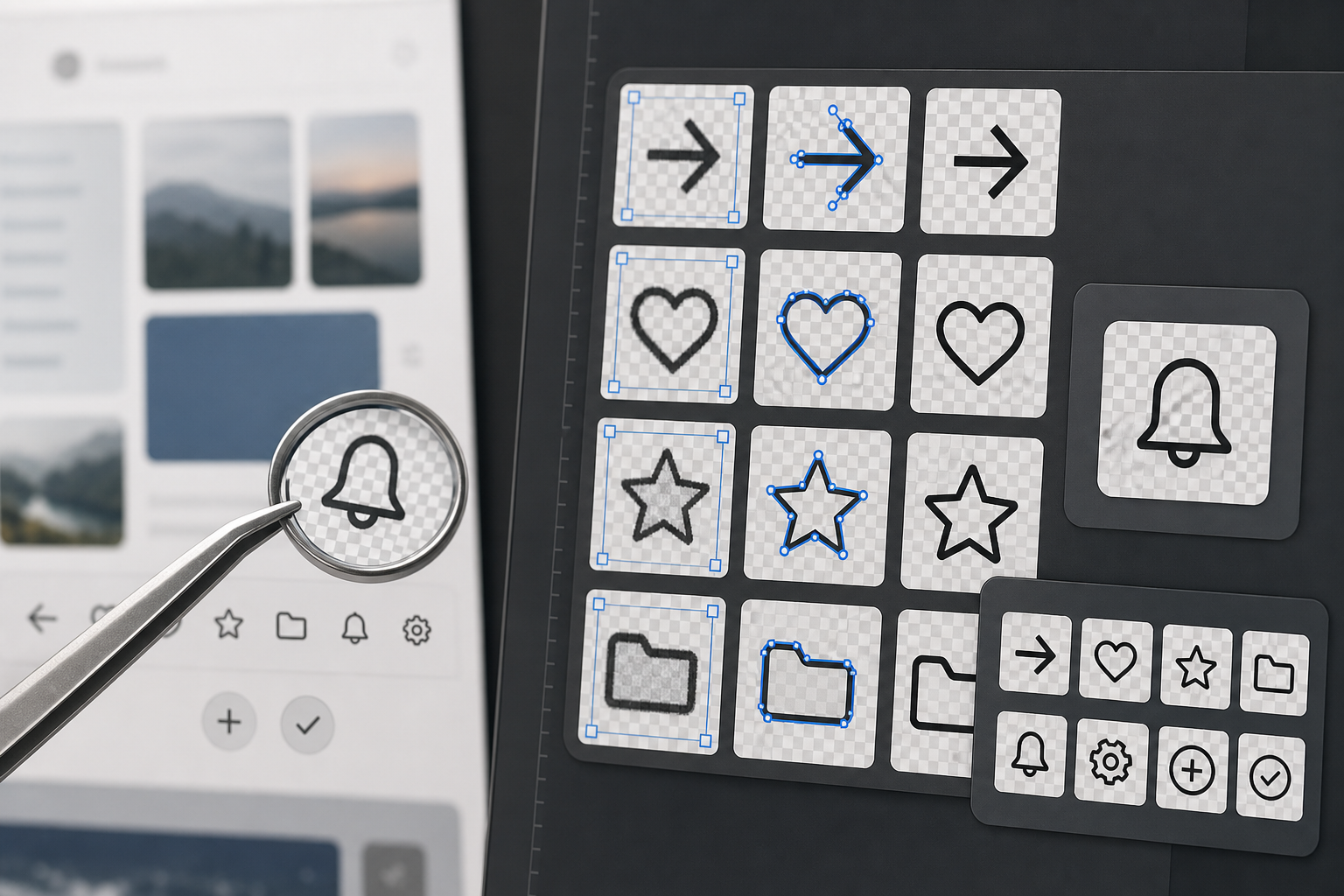 Close-up of small interface icons being cleaned on transparent backgrounds while the original screenshot remains visible nearby