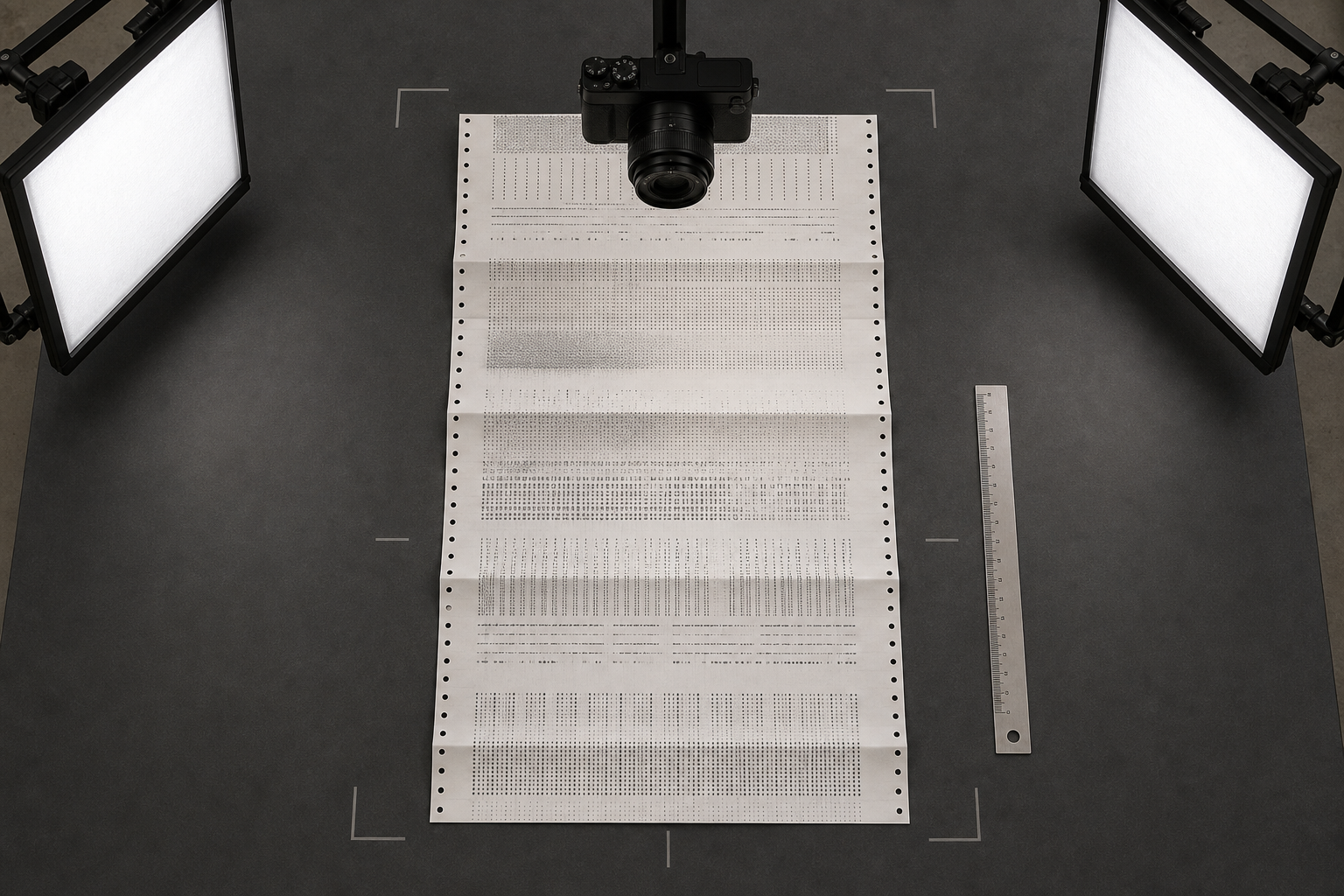 Overhead capture setup for a continuous dot matrix printer test sheet with even lighting and alignment guides