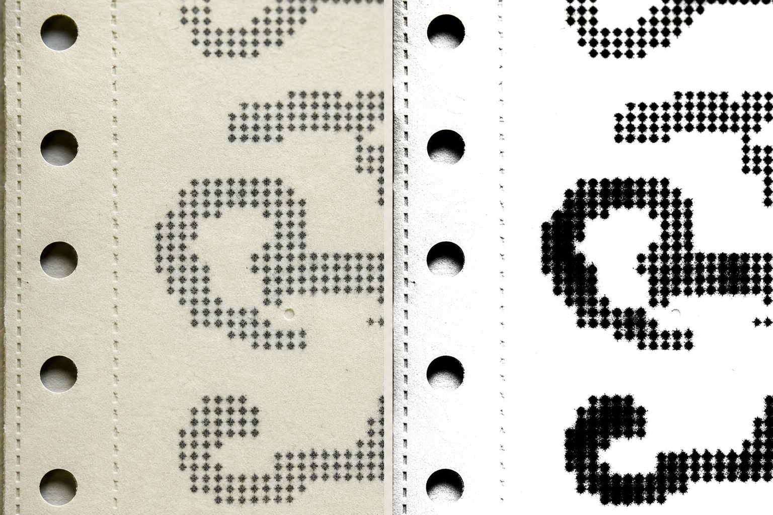 Comparison of a faithful archival scan and an overprocessed dot matrix print sample