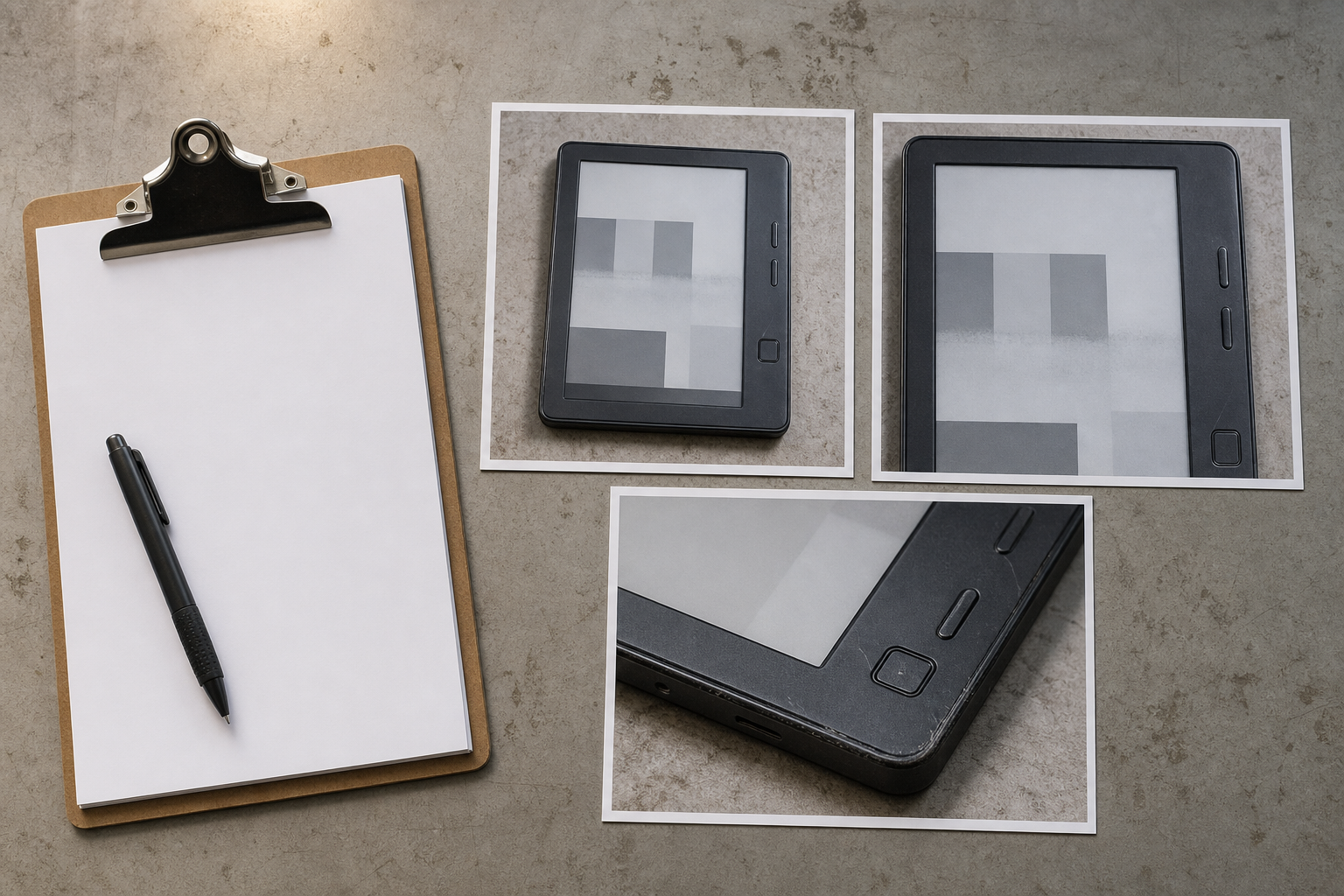 Three complementary photographs documenting an e-ink device issue