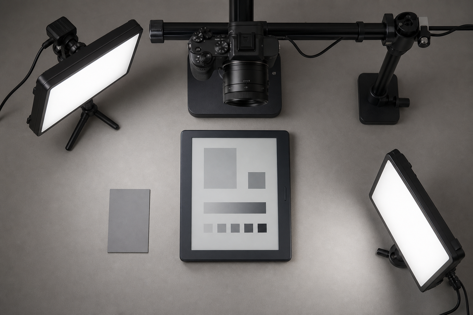 Overhead e-ink screen photography setup with diffused lights positioned to control reflections