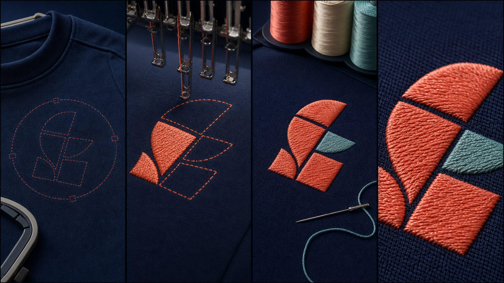 Sequence of embroidery preview frames showing placement, stitch progression, thread changes, and a final close-up