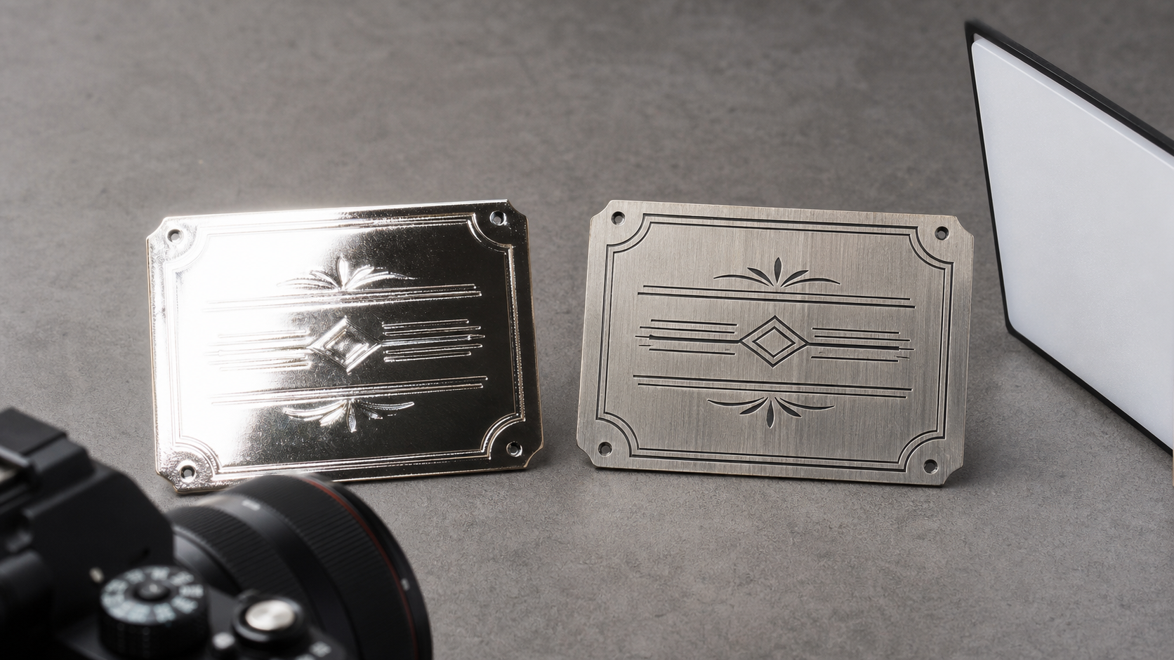 Close-up comparison scene showing reflective engraved metal plaques under harsh glare and soft side lighting