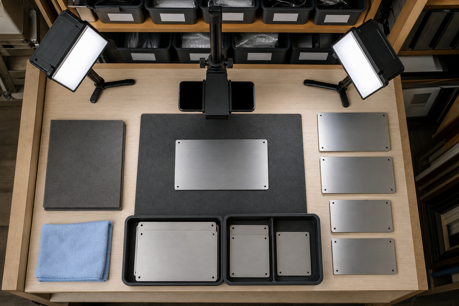 Overhead view of a plaque photography station with lights, phone stand, microfiber cloth, and labeled storage trays