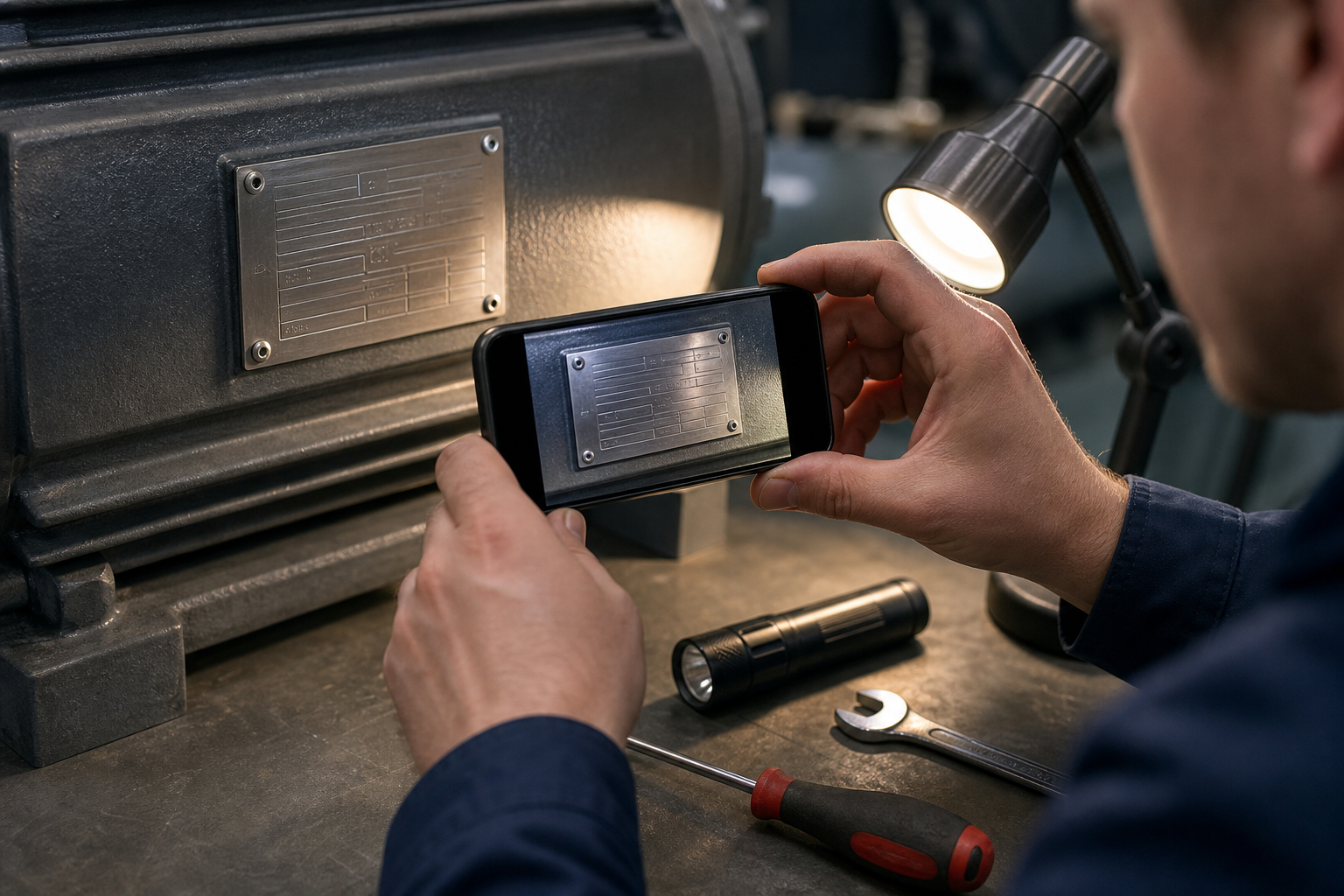 Technician using angled light and a phone camera to photograph a metal equipment nameplate