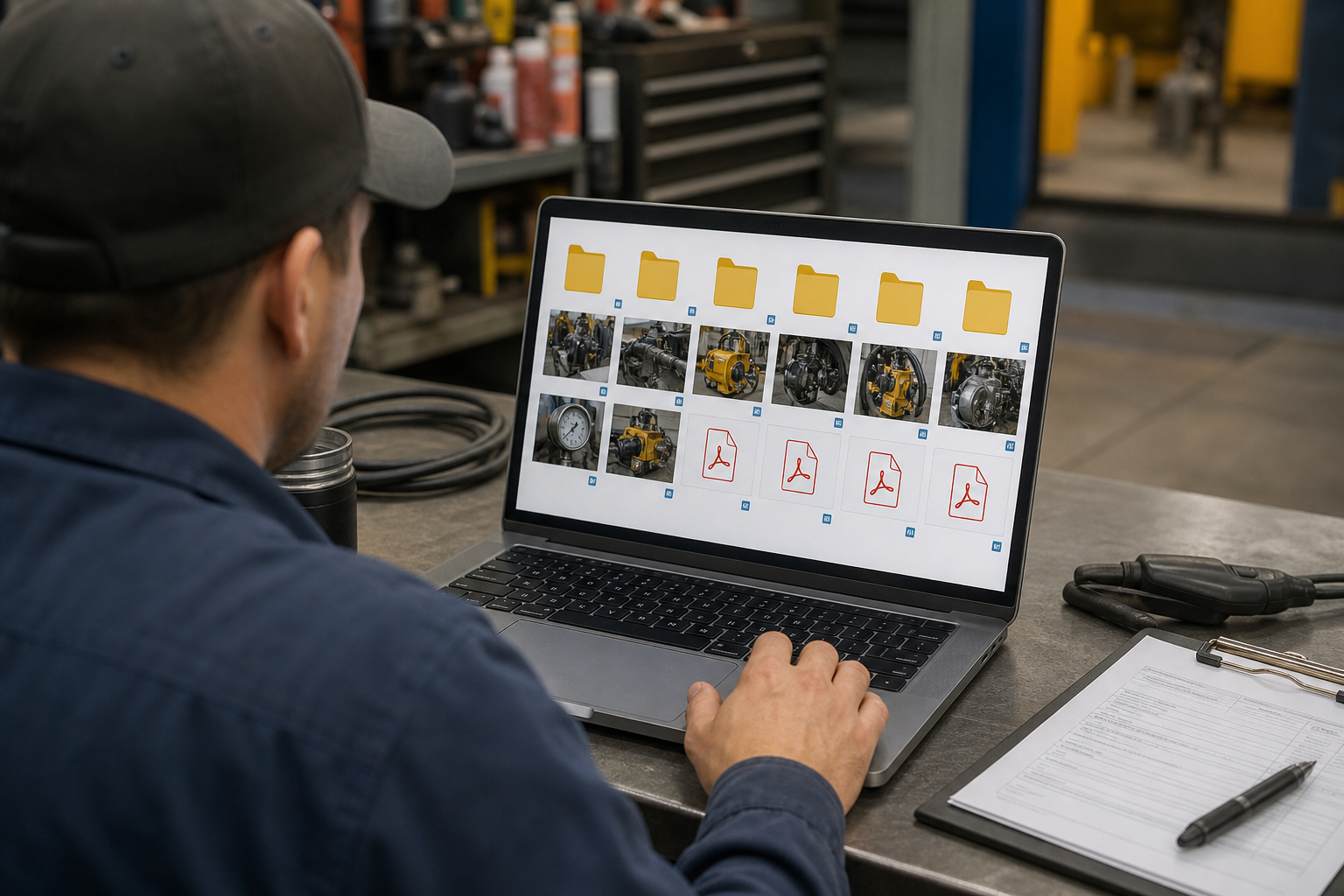 Organized maintenance image files and PDF packets on a laptop screen