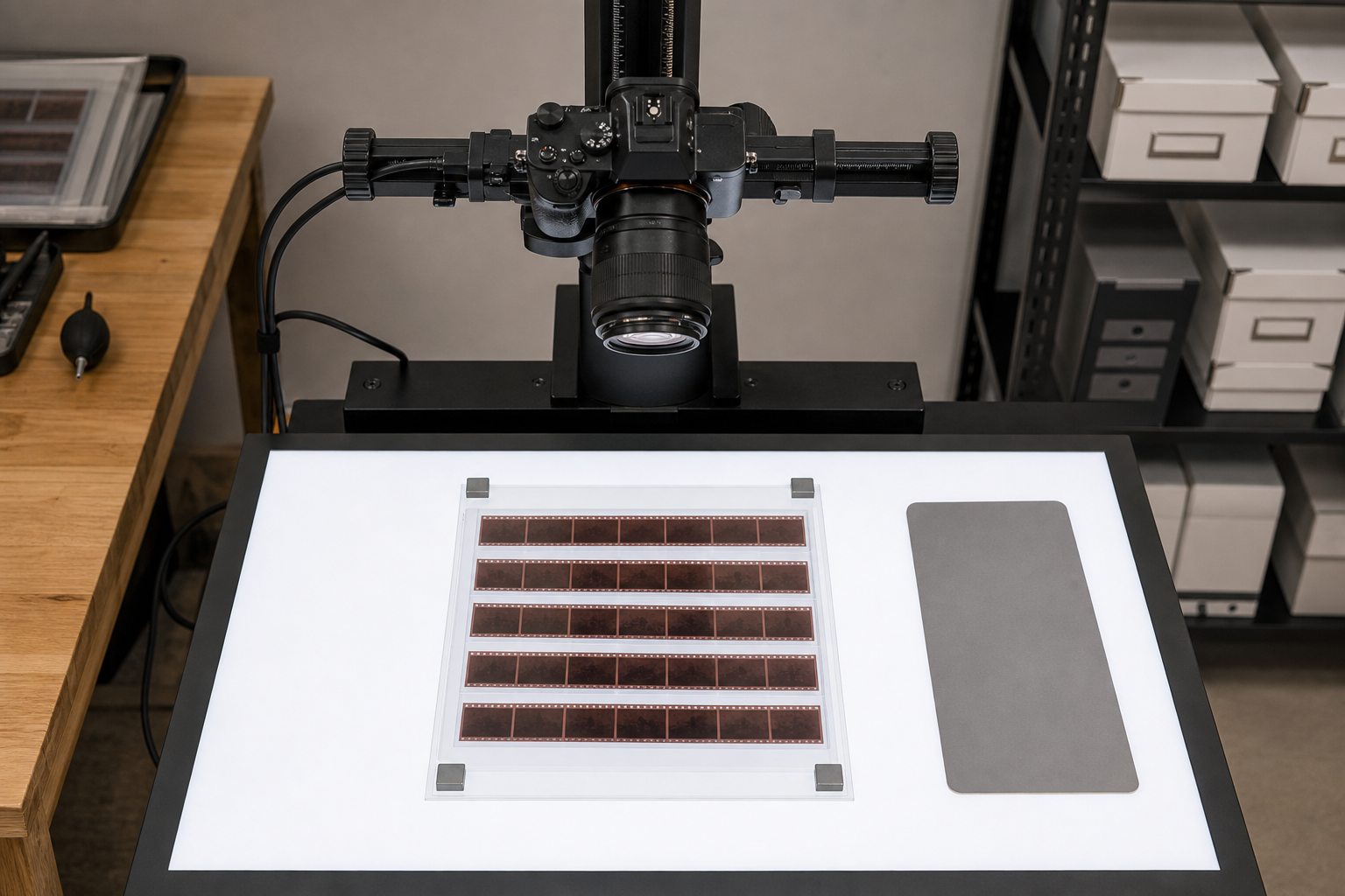 Overhead camera aligned above a film negative sleeve on an evenly illuminated light table