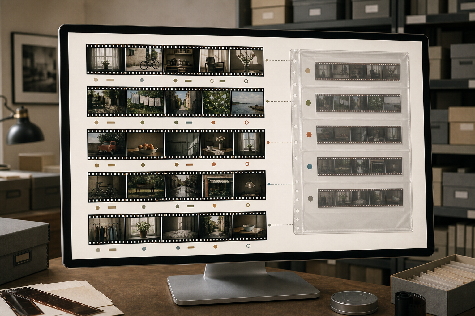 Digital contact sheet pairing positive film frames with sleeve and row references