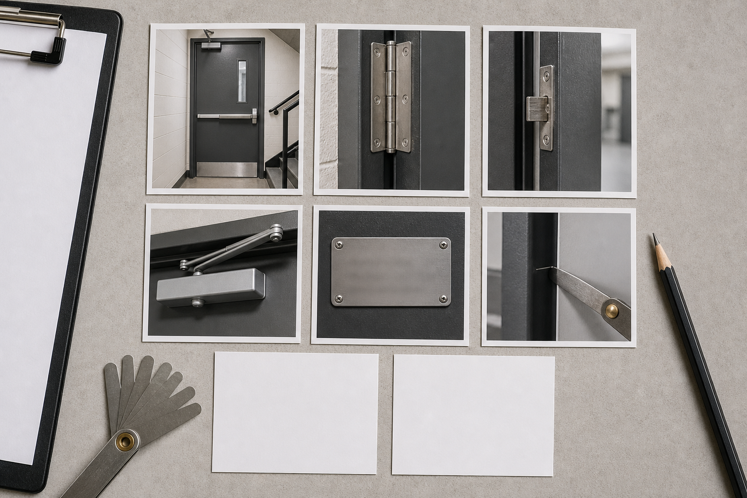 Organized fire door inspection photo set showing door, hinges, latch, closer, label plate, and gap details