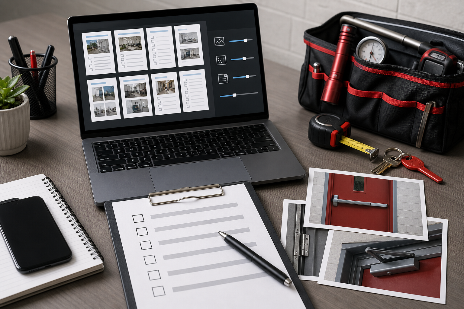 Facility documentation checklist with compressed images and PDF packet thumbnails on a desktop screen