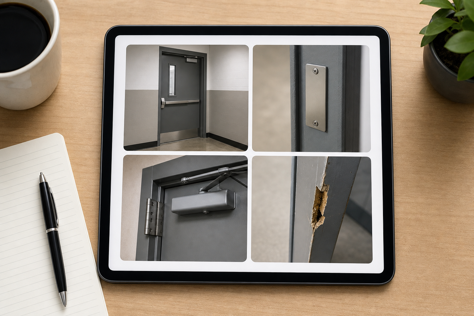 Organized set of fire door inspection photos showing overview, label, hardware, and defect detail shots