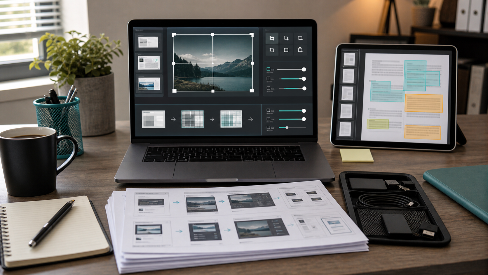Screenshot cleanup desk showing crop, resize, compression, and OCR review steps