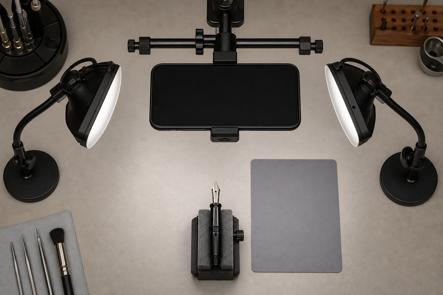 Compact fountain pen nib photography station with two diffused lights and a phone support