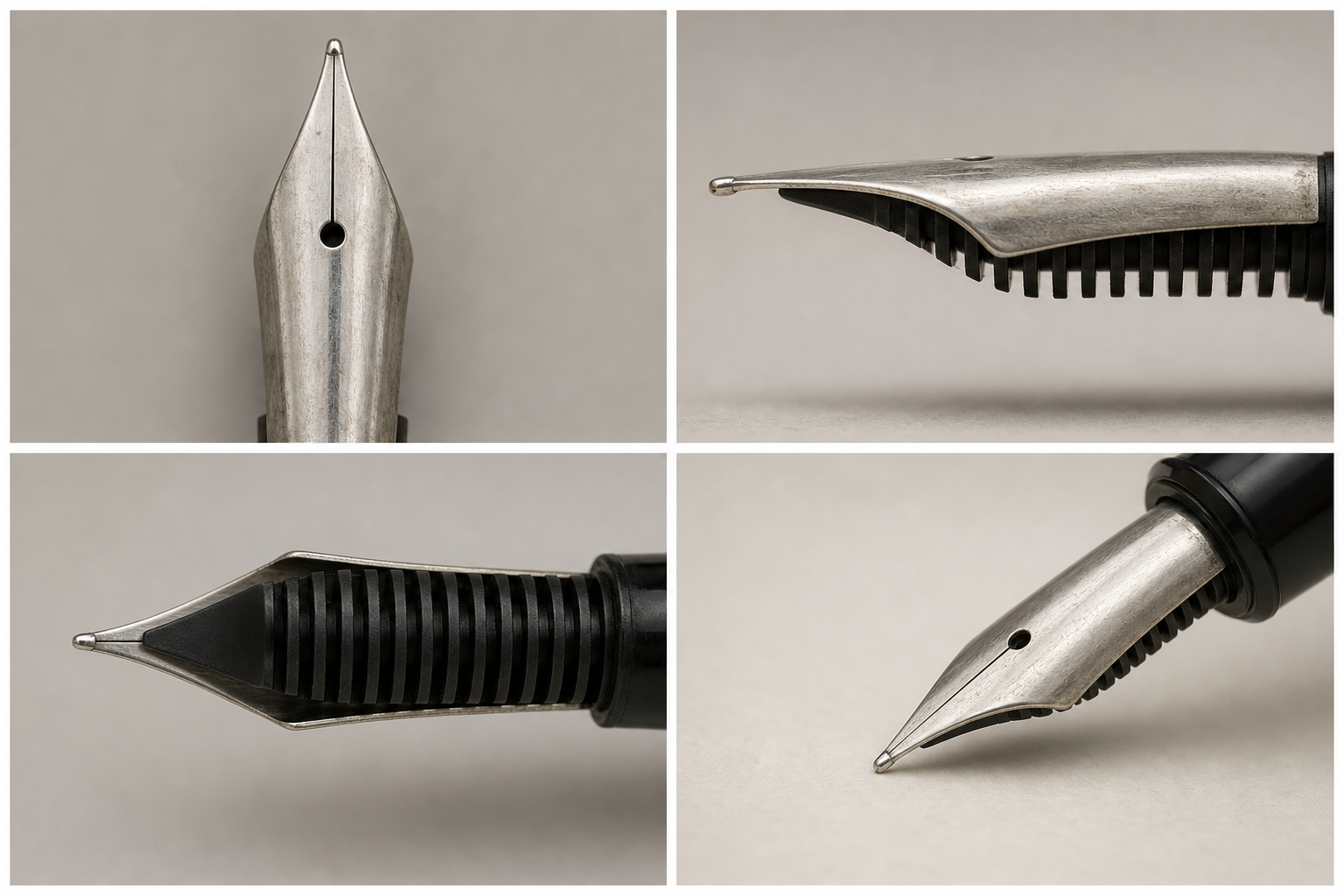 Organized set of fountain pen nib inspection photographs showing top, side, underside, and writing-angle views