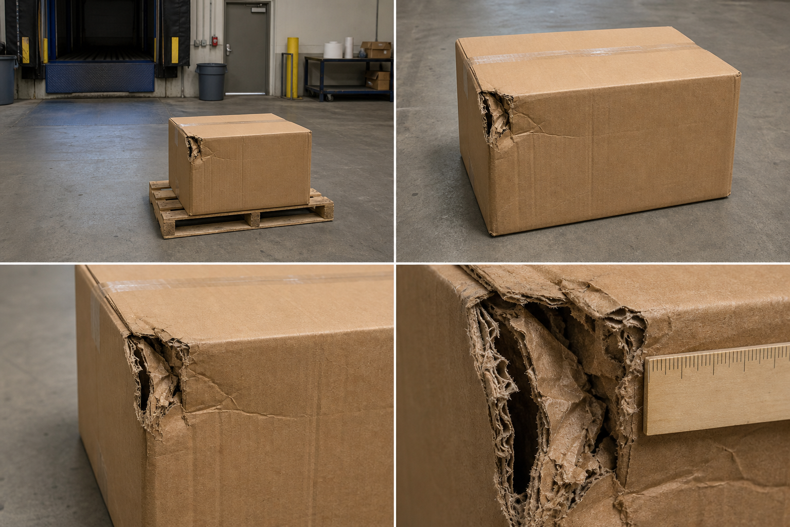 Four freight inspection views showing the receiving area, full package, damaged corner, and close detail with a ruler