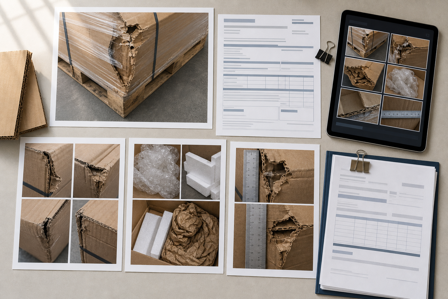 Organized freight damage claim packet with overview photos, detail images, and supporting documents
