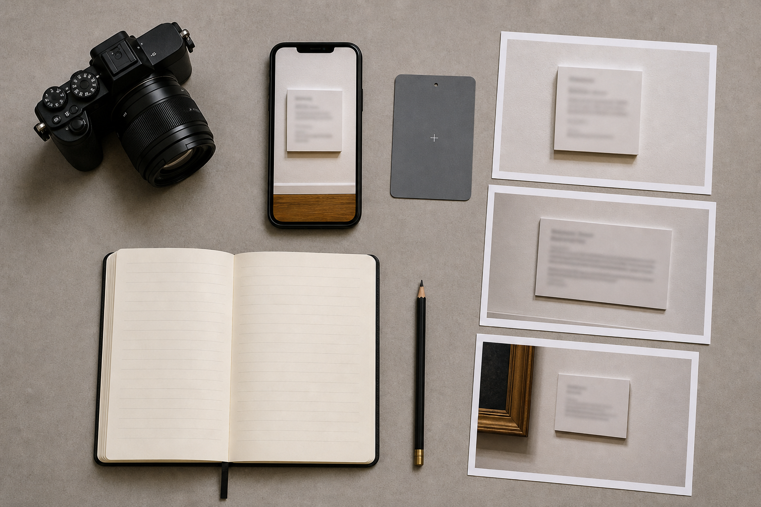 Overhead view of a phone, camera, notebook, and neatly captured gallery label reference photos