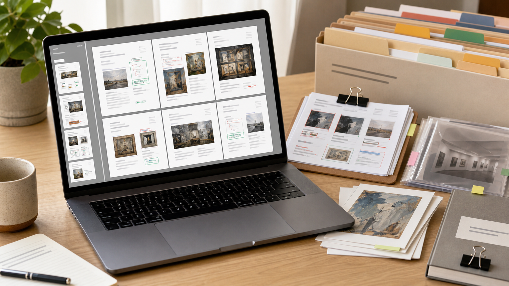 Laptop screen showing a clean image-to-PDF review packet beside organized gallery documentation folders