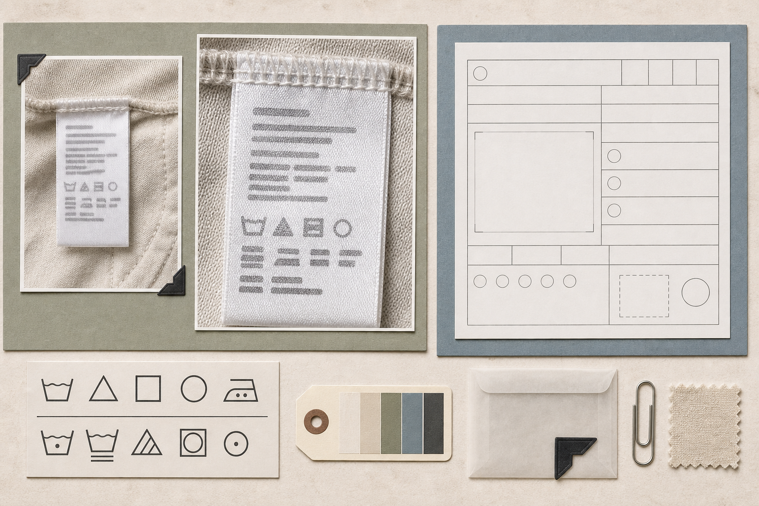 Organized apparel label record containing a source photo, cleaned crop, transcription fields, and care-symbol reference area