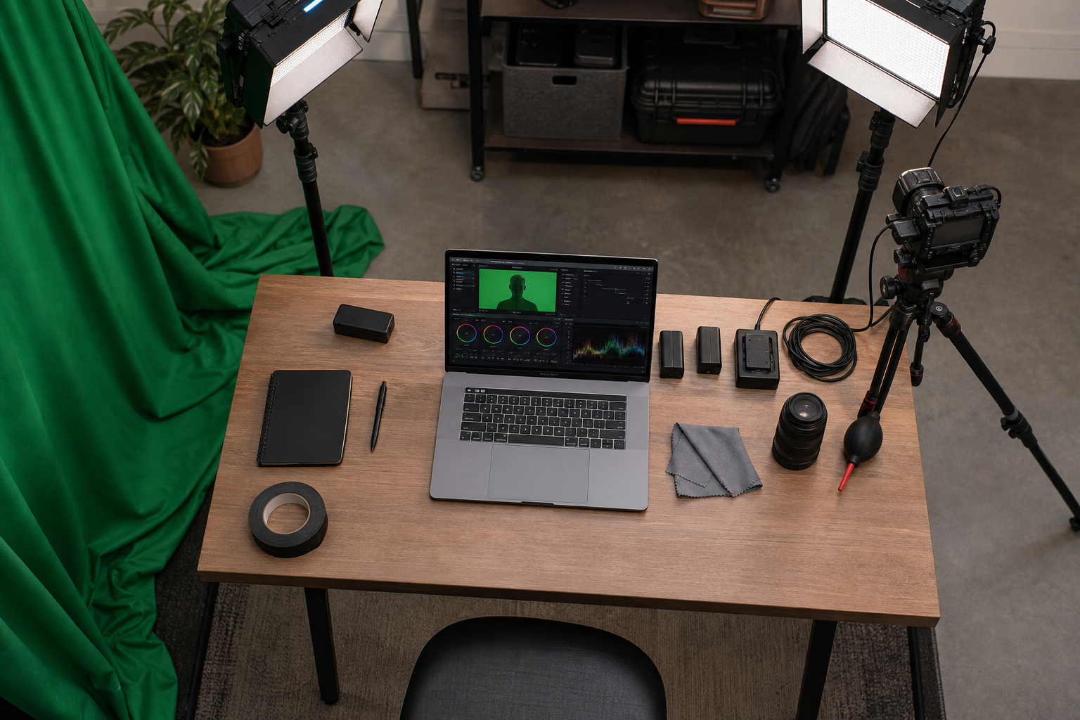 A small video production desk with lighting, camera, green backdrop, and editing monitor