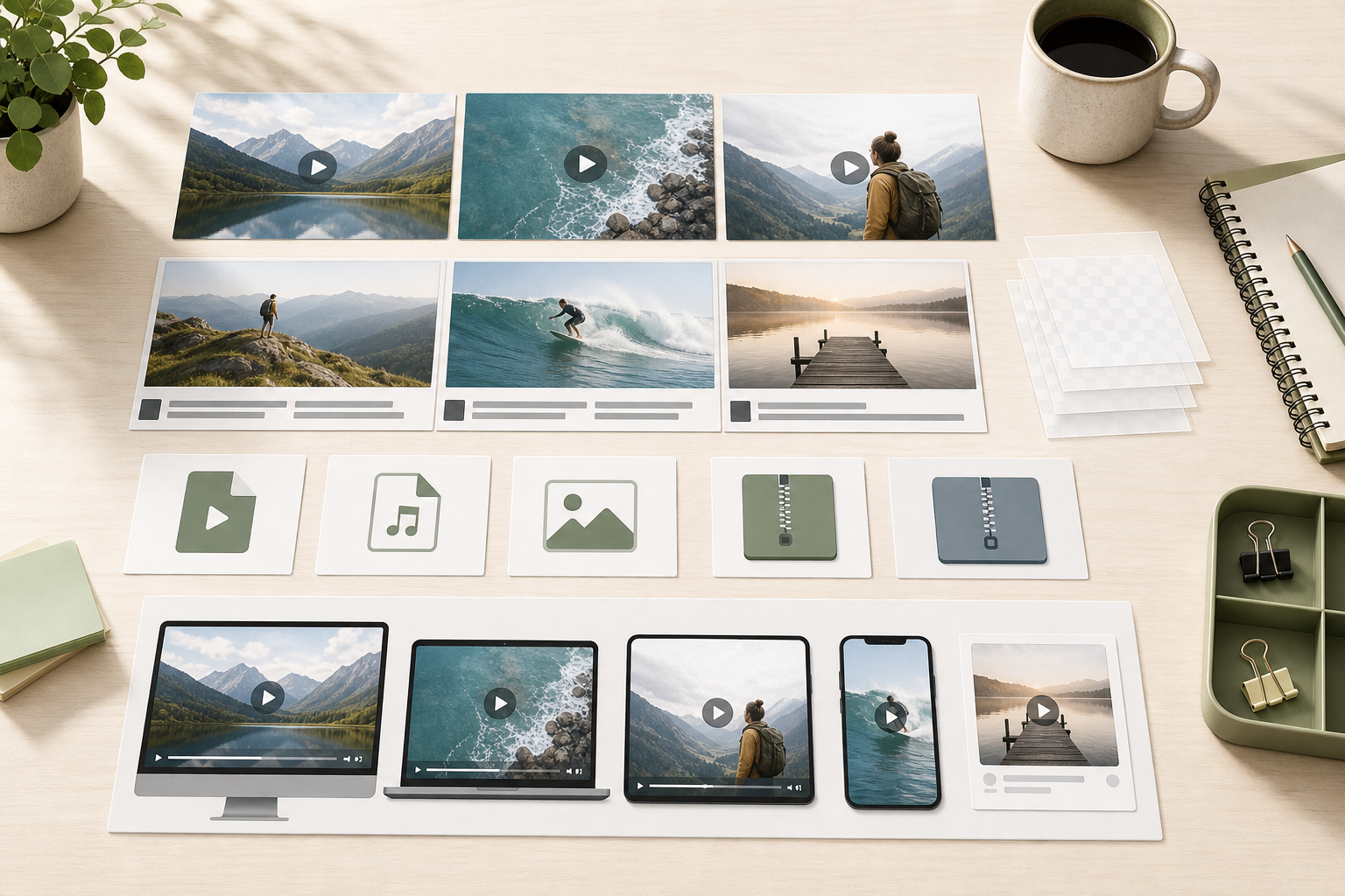 Multiple video export formats arranged for review, subtitles, thumbnails, and compressed delivery