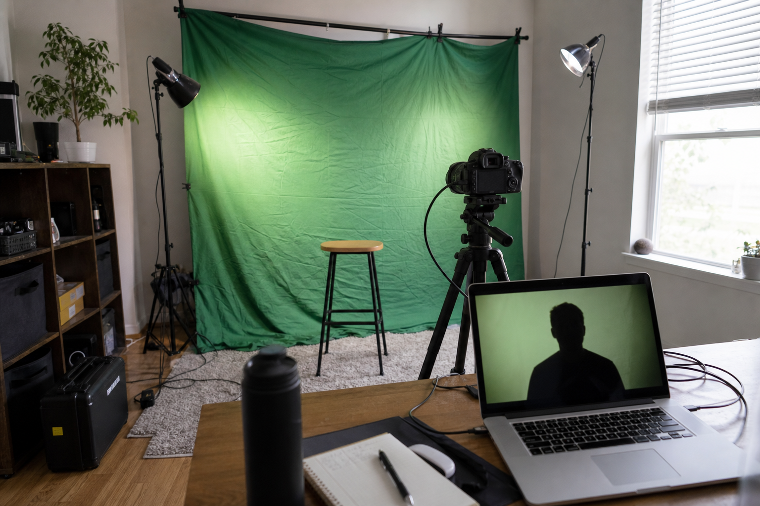 Messy green screen recording setup with uneven lighting and a laptop preview of a presenter clip