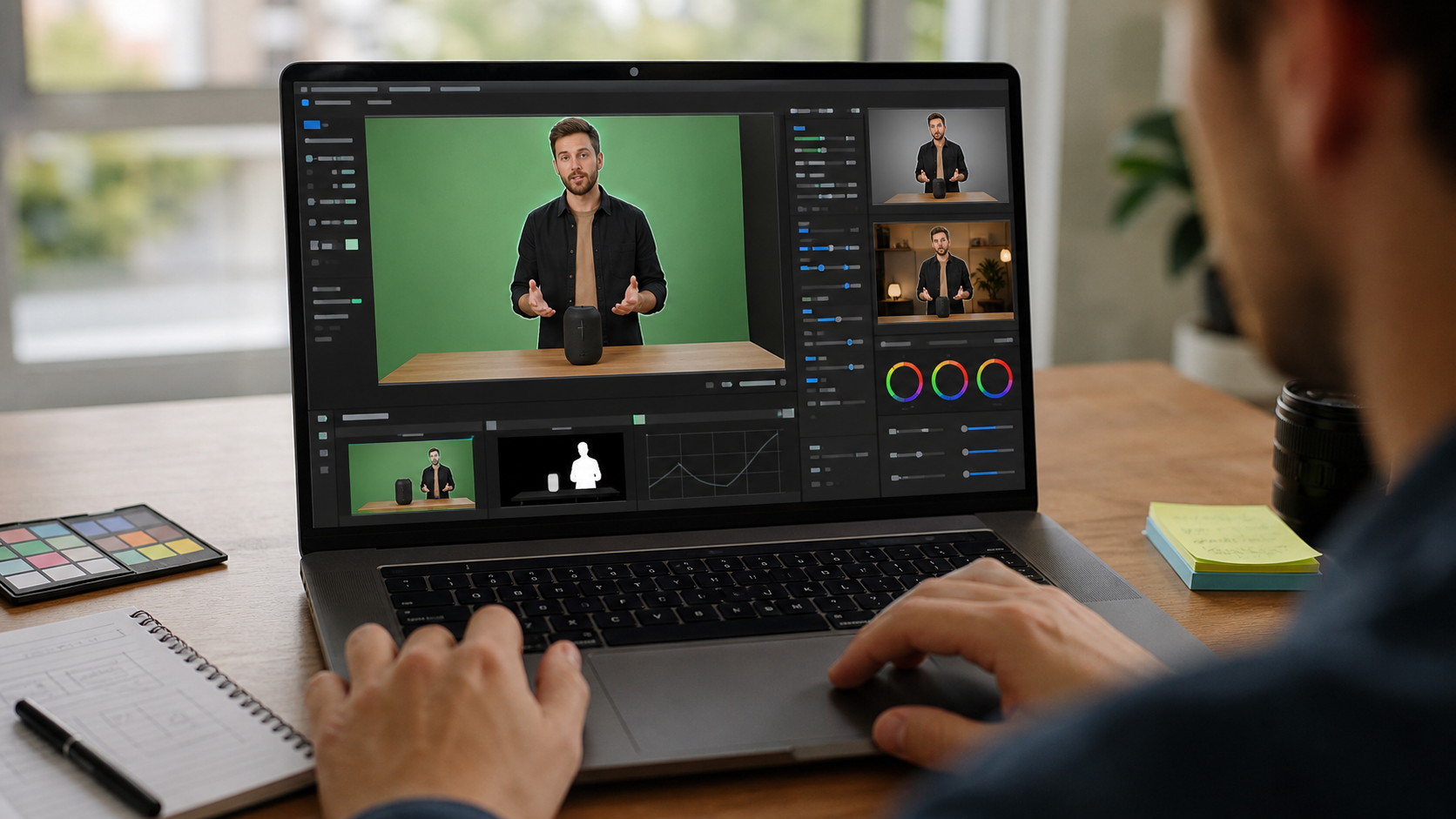 A product explainer frame being cleaned with edge refinement, color correction, and background replacement controls visible as abstract interface panels