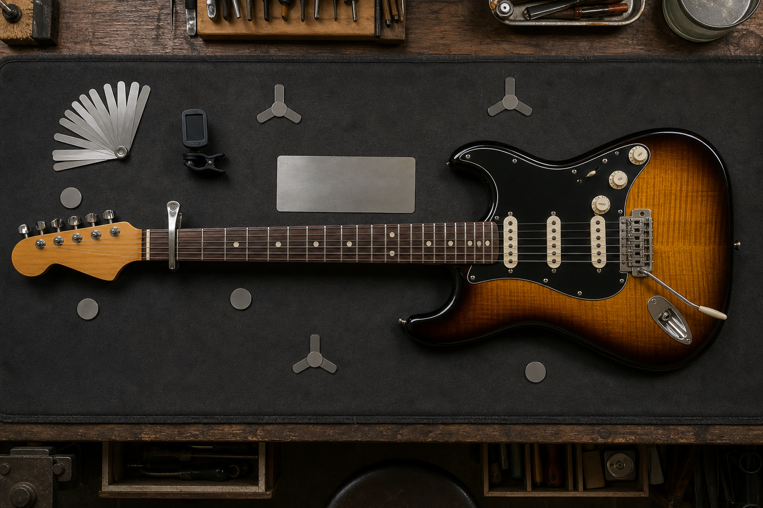 Overhead arrangement of a guitar, ruler, feeler gauges, and camera positions for setup documentation