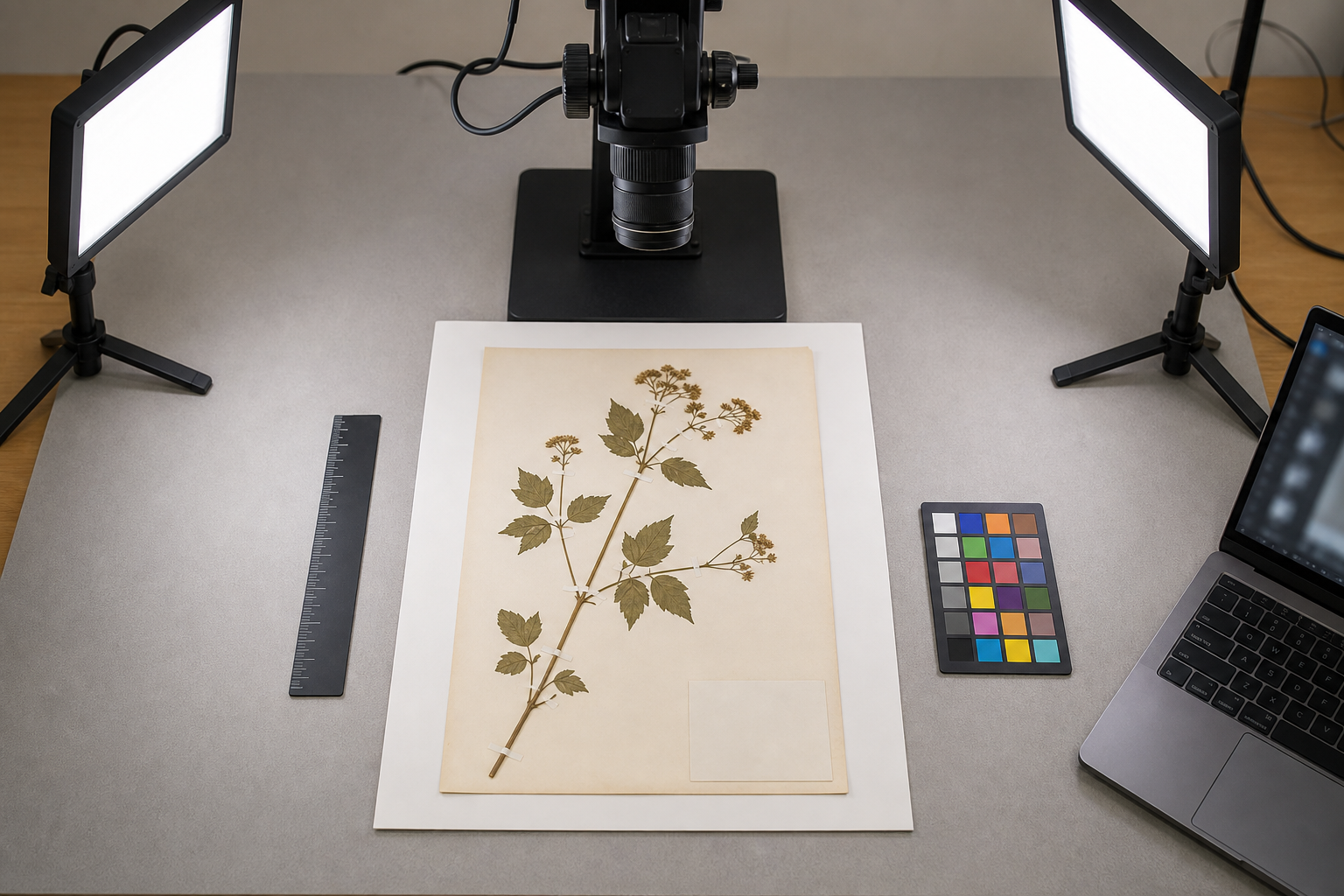 Overhead setup for photographing herbarium sheets with even light and a stable camera