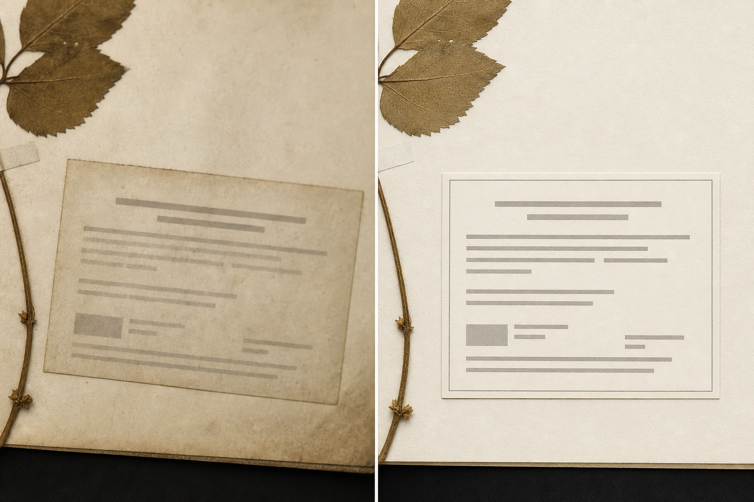 Before and after concept showing a herbarium label area becoming straighter and clearer
