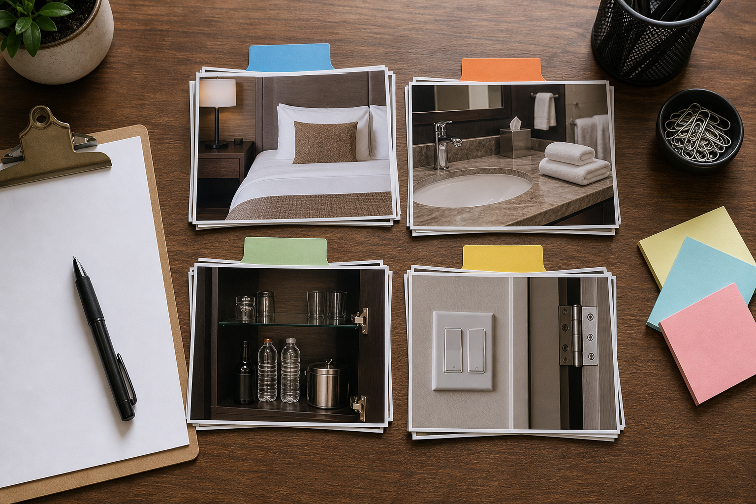 Organized hotel room inspection photos grouped by bed, bathroom, minibar, and maintenance details