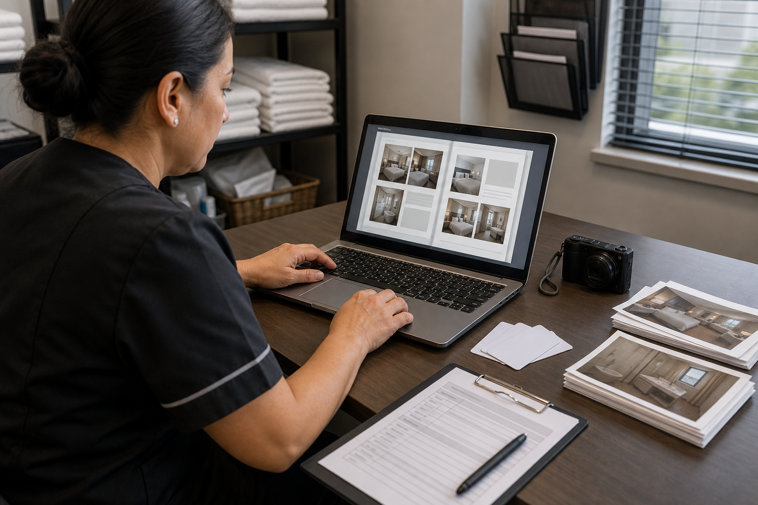 Housekeeping lead compiling room photos into a PDF packet on a laptop